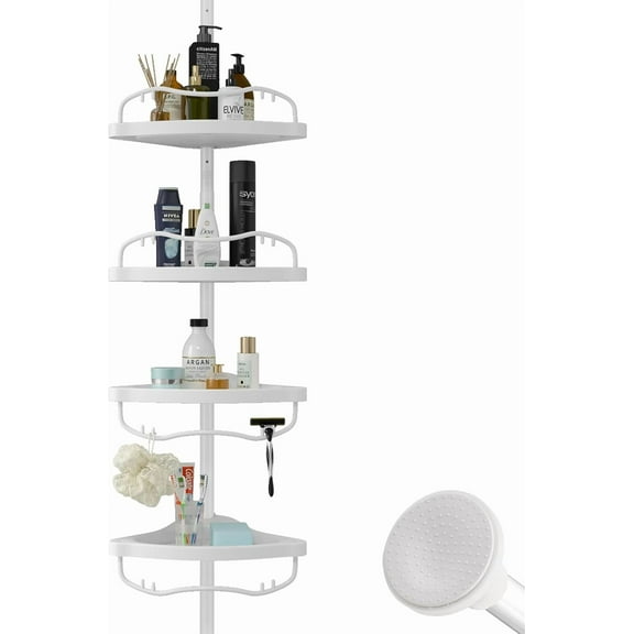 GUCADS-Corner Shower Organizer, 56-125 Inch, 4 Layer Plastic Shower Shelves with Rustproof Steel Pole, Tension Pole Mount, Drill Free, White