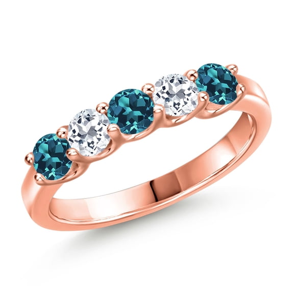 Gem Stone King 18K Rose Gold Plated Silver London Blue Topaz and White Topaz Wedding-Bands Ring for Women | 1.09 Cttw | Round 3.5MM | Gemstone November Birthstone | Size 6