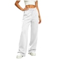 thumbnail image 2 of Solid Wide Leg Sweatpants Women Teen Girls Drawstring High Waist Soft Fleece Loose Fitting Casual Loungewear Straight Trousers with Pockets White S, 2 of 7