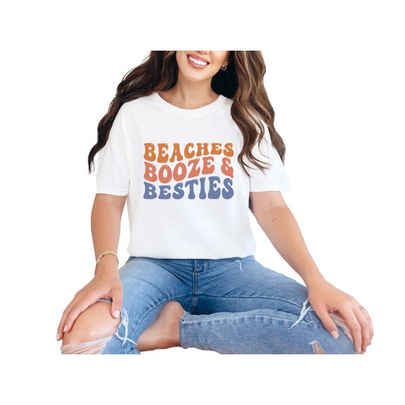 Beaches, Booze & Besties, Drinking Lover Quote, Groovy Retro Wavy Text , White Comfort Colors T-Shirt, Small