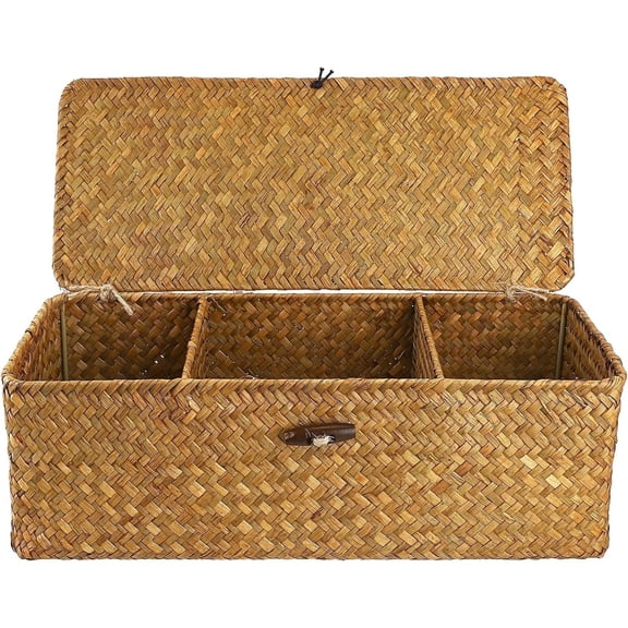 Wicker Tank Basket with Lid,Woven Storage Basket with 3 Sections Rectangular for Organize Snack Toys (Orange,12.6inch L x 4.7inch W x 4.3inch H)
