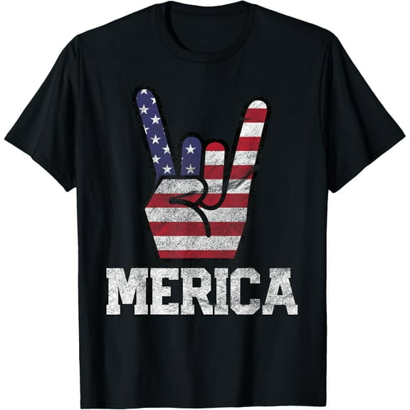 Merica Rock Sign 4th of July Vintage American Flag Retro USA T-Shirt Tee