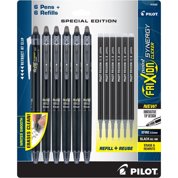 FriXion Synergy Point Clicker Extra Fine Black 6 Pens 6 Bonus Refills Pack