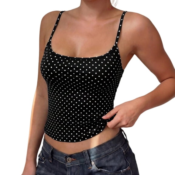 Womens Summer Tops Polka Dots Teens Girls Cute Summer Tops Neck Camisole Slim Fit Going Out Black Plus Size Tank Tops for Women
