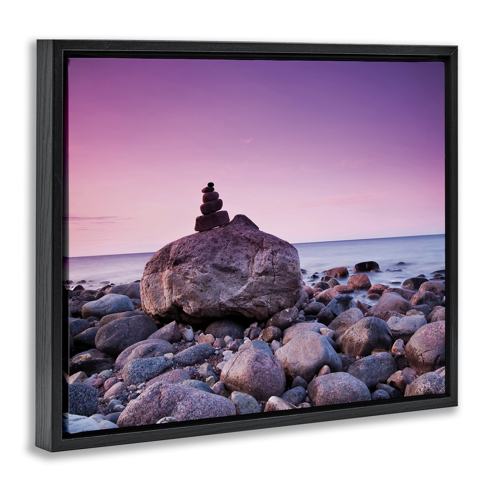 Stupell Industries Stacked Rocks on Shore Nautical & Beach Photography Black Floater Framed Canvas Art Print Wall Art, 31 x 25