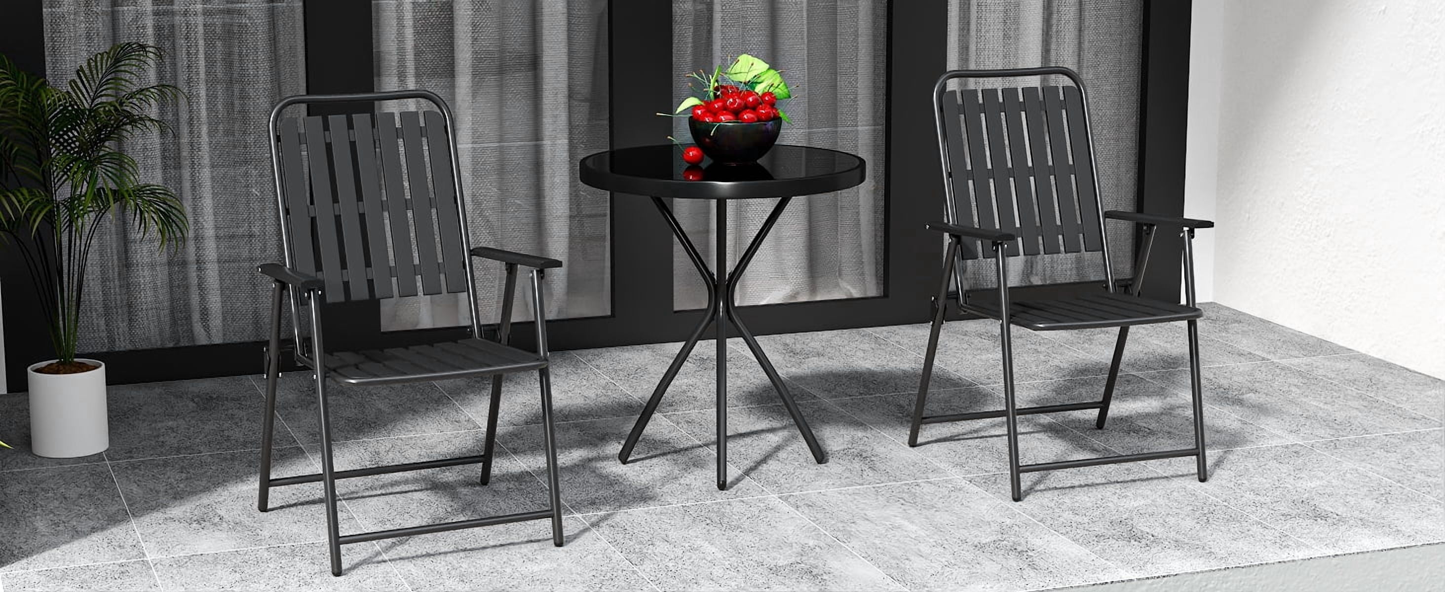 3-Piece Outdoor Patio Bistro Set with Foldable Chairs & Tempered Glass Table, 350 lb Capacity Weather-Resistant Metal Frame for Balcony Garden Terrace, Black