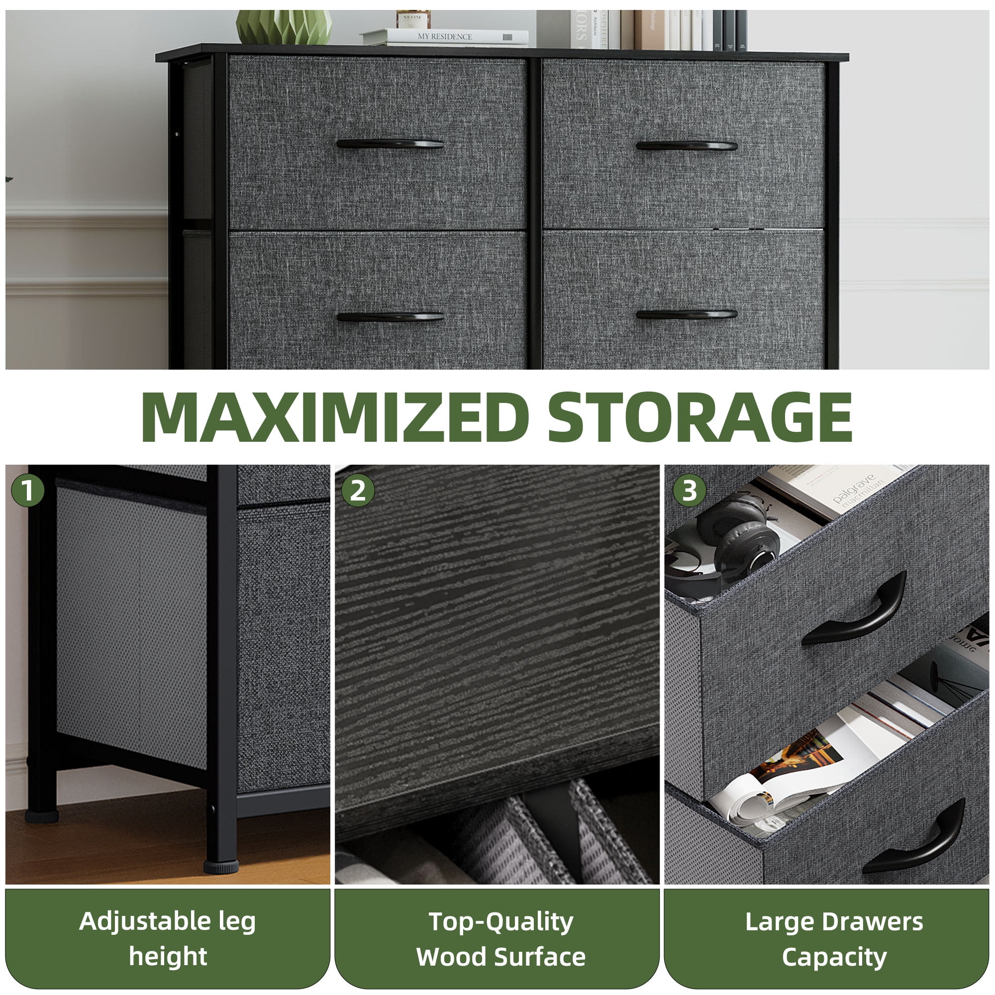 Uforic 8 Drawers Dresser Chest of Drawers for Fabric Storage Dressers for Living Room Black Gray