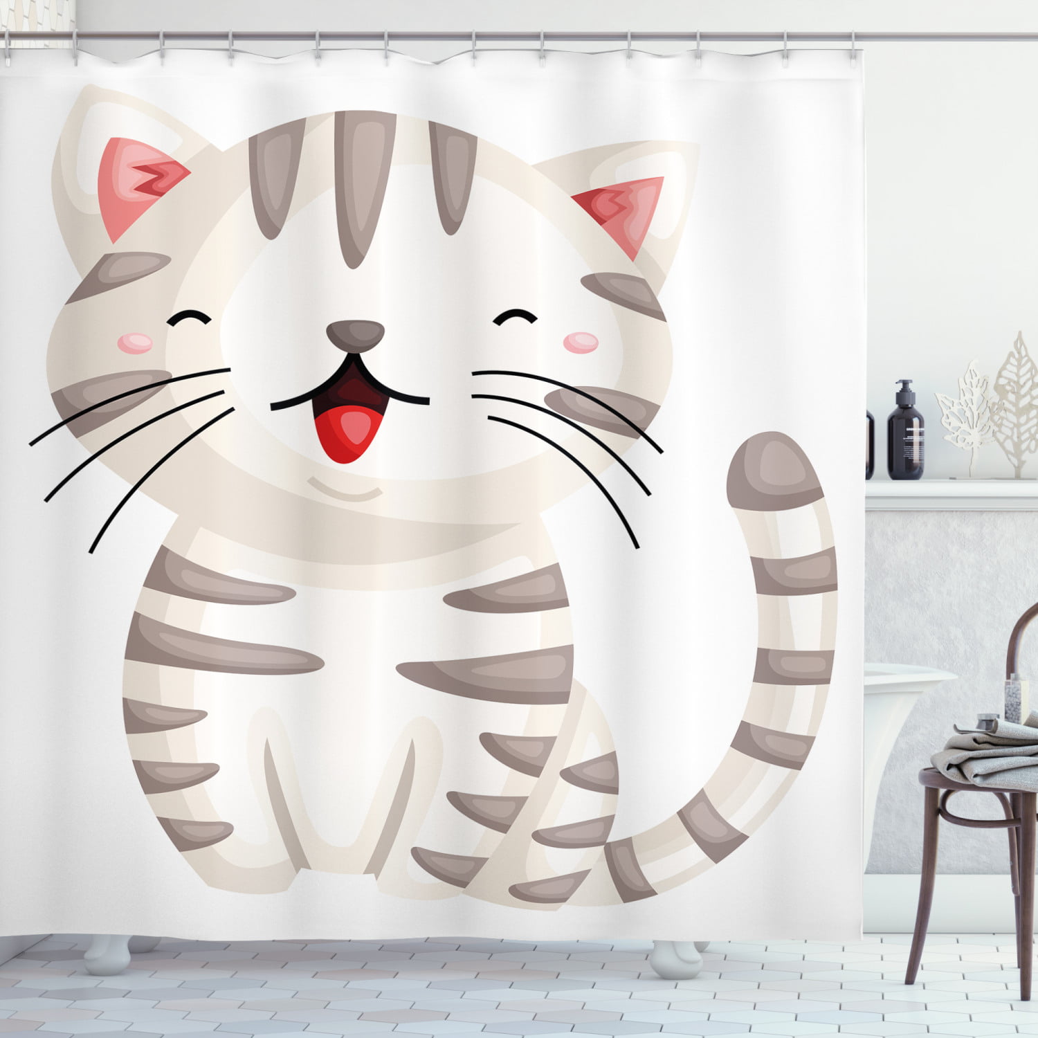 Funny Cat Kitten Shower Curtain Hooks Set Cartoon Print Mildew-Proof 