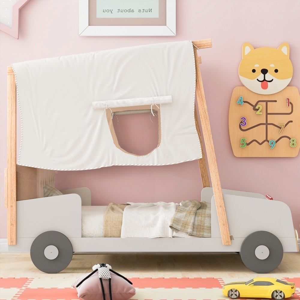 Wood Twin Size Car Bed with Pillow & LED - Sturdy & Fun
