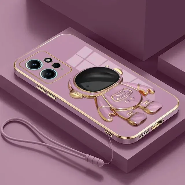 Astronaut Bracket Plating Case For Xiaomi Redmi Note 13 12 Pro 12C 12S 11 11S 10 10S 10A 10C 9S 9A 9C 9T A1Plus A2 Lanyard Cover Purple POCO X6Pro