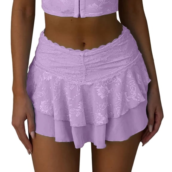 Women's Tennis Skirts Summer Skirt Women Lace Skirts Cute Low Wasit Ruffled Half Skirt Fairy Layered Flowy Short Skirts E Girl Streetwear Purple XL