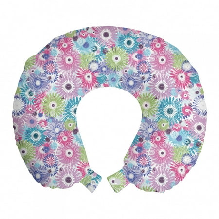 Floral Travel Pillow Neck Rest, Colorful Pastel Pattern with Flowers and Vintage Curls Ornate Style Gerbera Daisies, Memory Foam Traveling Accessory Airplane and Car, 12