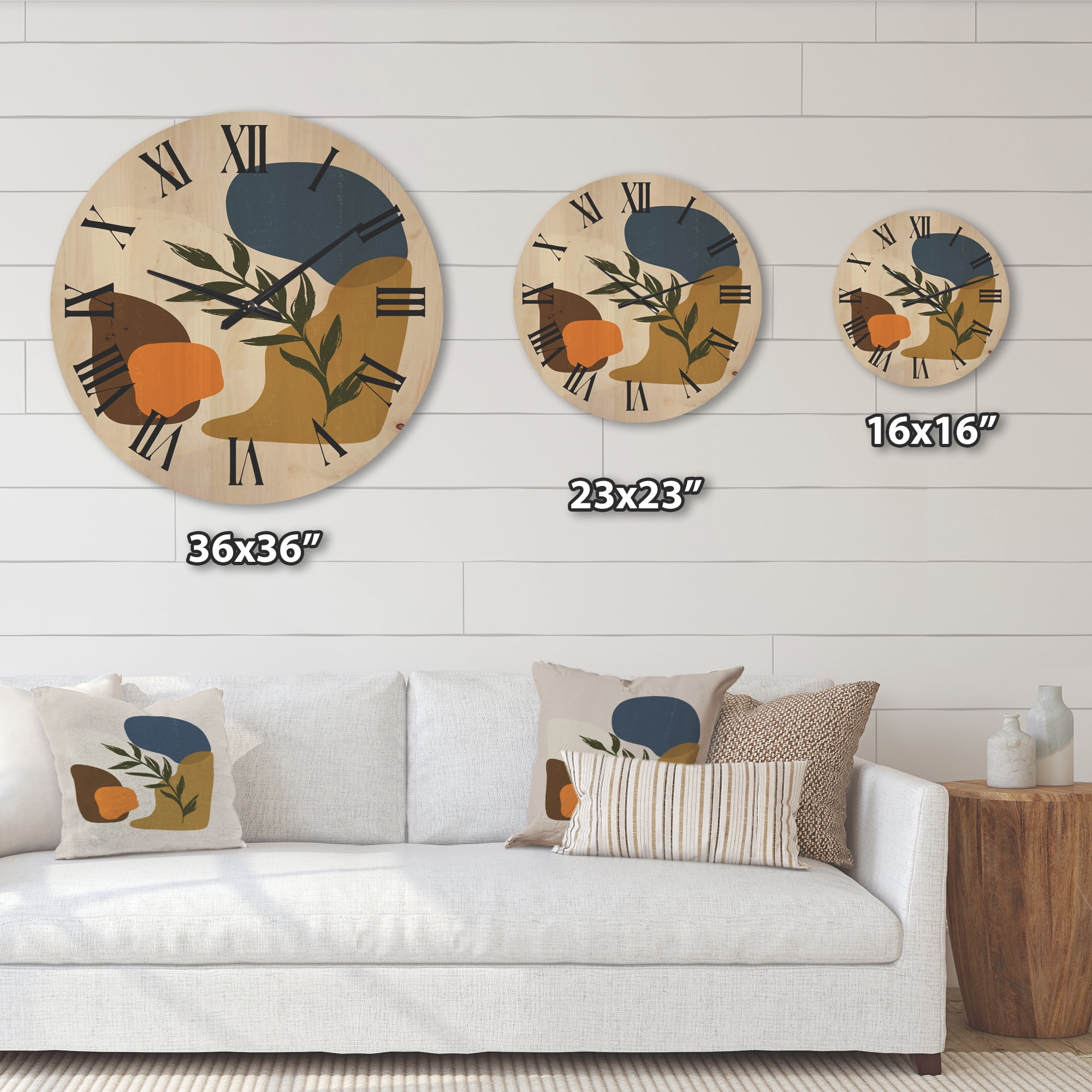 Designart 'Green Leaf With Botanical Minimalist Shapes' Modern Wood Wall Clock