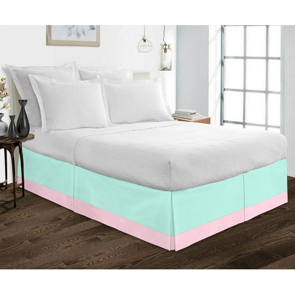 D.N.G. BEDDINGS 1 Piece Split Corner Two Tone Tailored Bed Skirt, Twin Size 6 Inch Deep Pocket, 800 Thread Count, 100% Egyptian Cotton, Solid Aqua Blue/Light Pink Color.