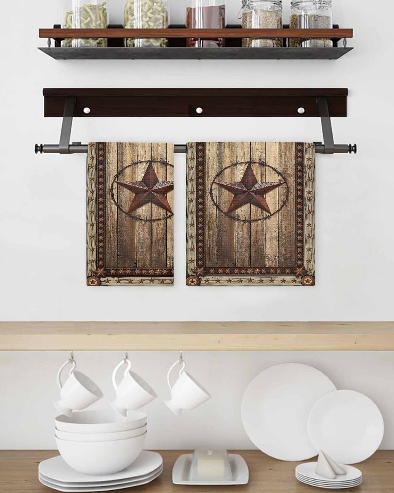 Western Farmhouse Kitchen Dish Towels for Drying Dishes Set of 2, Rustic Country Texas Star Retro Waffle Weave Microfiber Terry Hand Tea Bathroom Towels Quick Dry & Absorbent Towel 15.7x23.6