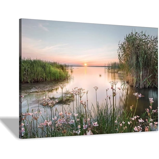 Arte mural en lienzo con puente y lago al atardecer, decoración paisajística para sala