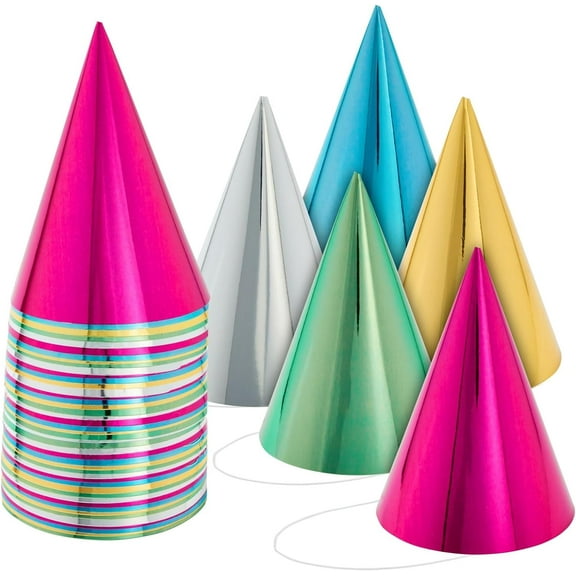 BZUEPRS 50 Pack Birthday Party Cone Hats for Kids and Adults, Bulk Set in 5 Colors (Metallic Blue/Green/Gold/Silver/Hot Pink)