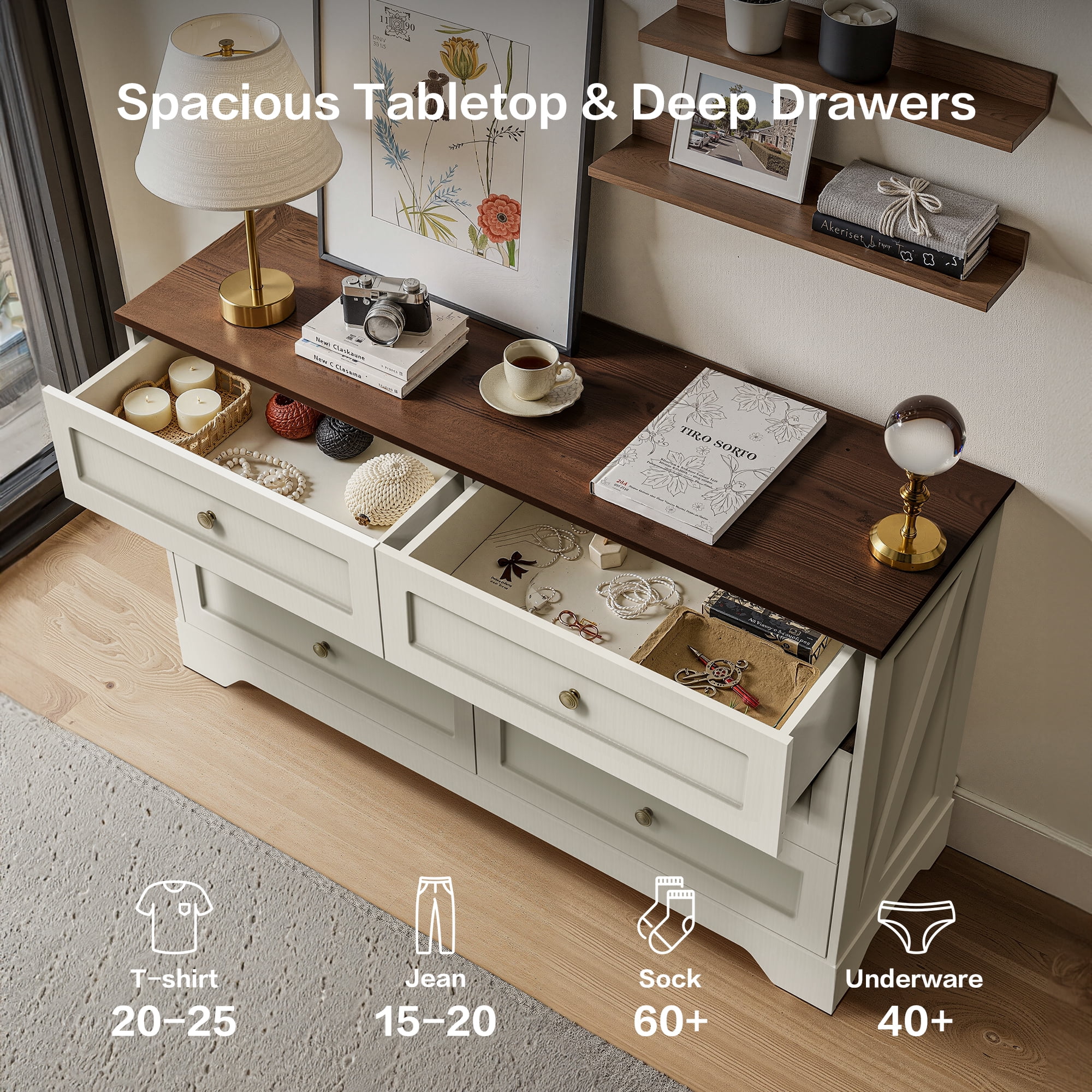 6 Drawers Dresser for Bedroom, 52" White Wood Chest of Drawers with Metal Vintage Handle, Farmhouse Storage Dressers Organizer TV Stand for Living Room, Hallway