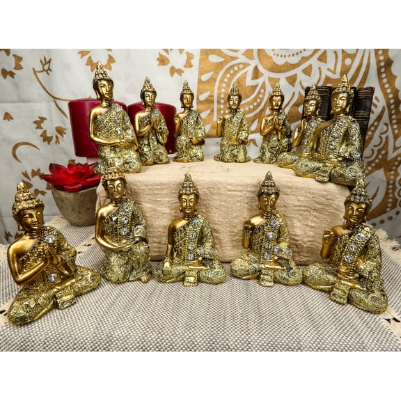 Golden Miniature Meditating Buddha Amitabha Many Mudra Poses Figurine Set of 12