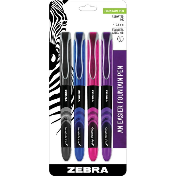 Zebra Fountain Pen, Fine Point, 0.6mm, Assorted NonToxic Ink Colors, 4