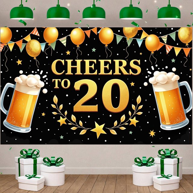 Golden Theme 20th Birthday Banner Beer Mug Design Cheers Celebration Display Star Pattern Confetti Elements Beer Party Backdrop for 20th Birthday Party Adult Celebration Friends Gathering