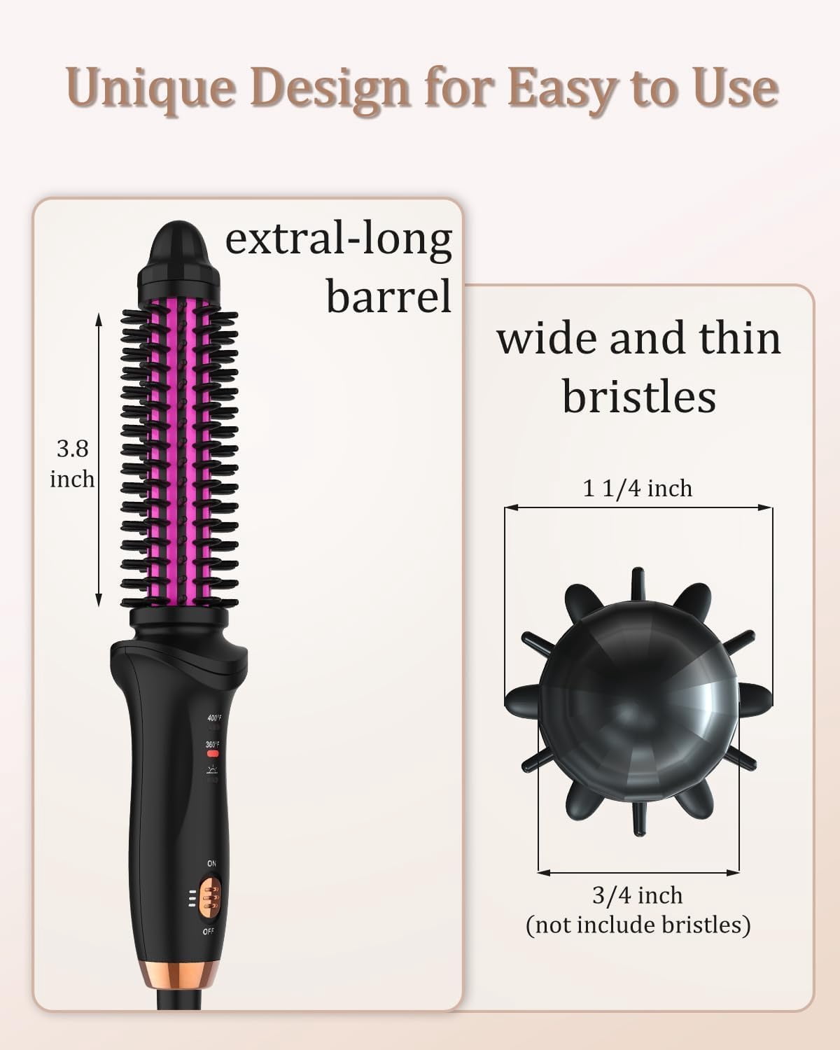 Curling Iron Brush for Short Long Hair, Hair Curling Brush Long Barrel Tourmaline Ceramic, Dual Voltage Curling Brush Iron with Anti-Scald Bristles (Black)