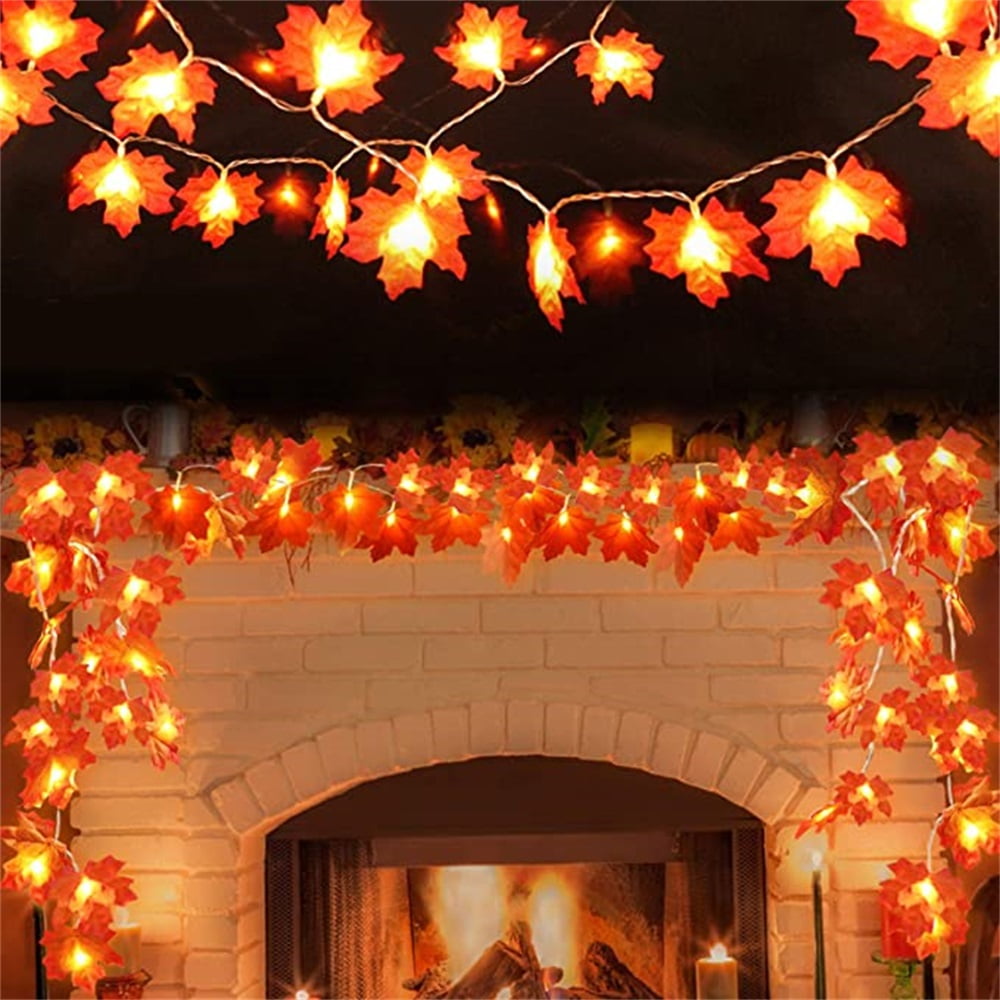 Kepooman 2 Pcs Holiday Decor Garland for Home, 9.8Ft Waterproof Fall String Lights Maple Leaf Garland, Orange