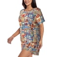 thumbnail image 2 of Susaid Set Of Travel Vintage Print Women's Pajama Set, Button-Up Sleepwear with Elastic Waist Shorts, Perfect for Lounging, Yoga, Beach, and Casual Wear-Medium, 2 of 7