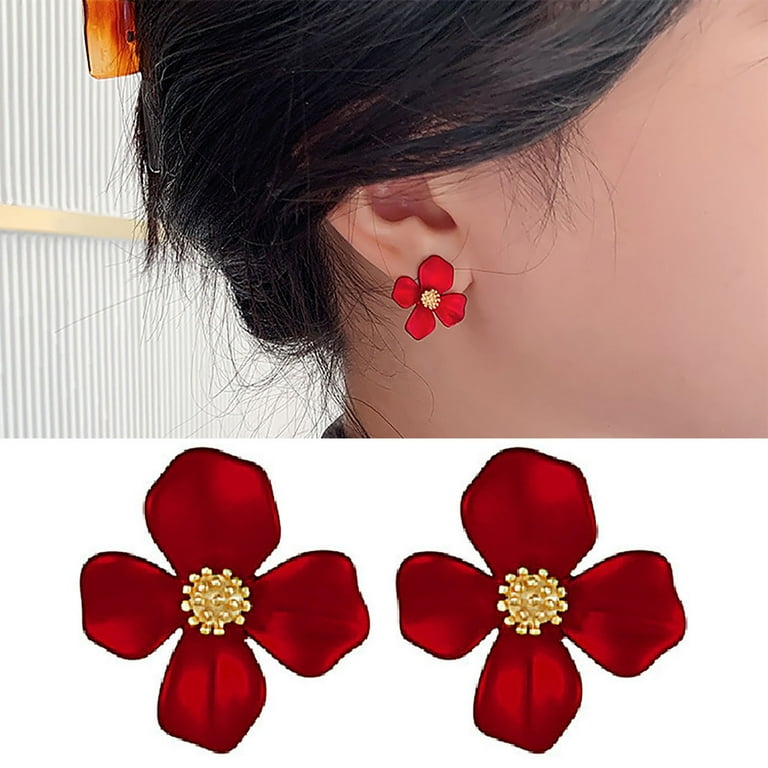 Grandest Birch 1 Pair Women Sweet Red Flower Shape Four Petals Ear Stud Earring Jewelry Accessory Alloy Red Walmart