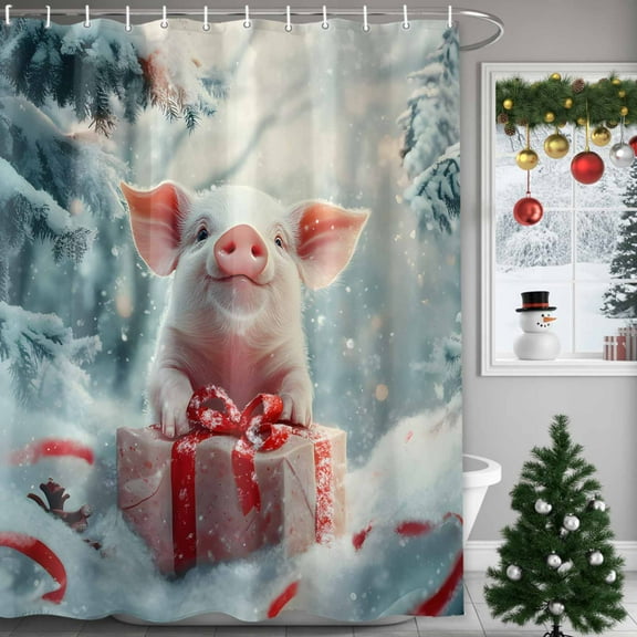Christmas Cute Pig Shower Curtains for Bathroom, Pine Trees Snowflakes Gift Xmas Winter Waterproof Fabric Shower Curtain for Bathroom Bathtub Decoration, Machine Washable, 54x"78"