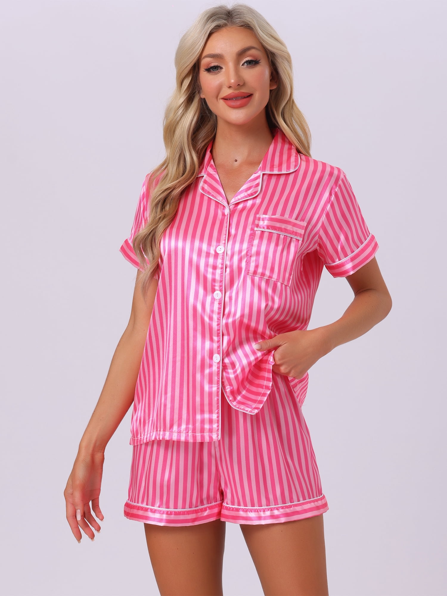 DARING DIVA Women's 2 Pcs Satin Silky Contrast Color Trim Pajama Set L Hot Pink