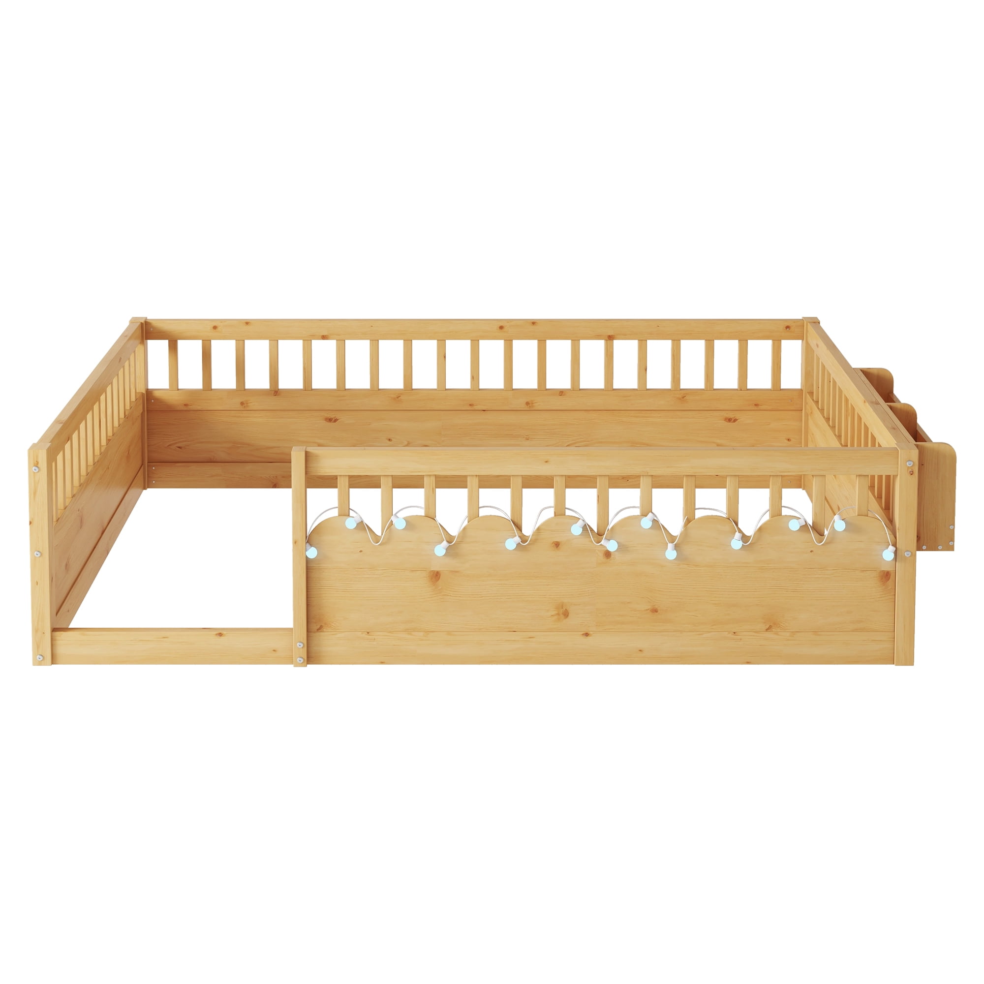 Euroco Wood Full Size Montessori Floor Bed with Guardrails and LED Light, Kids Bed with Storage Shelves, Natural