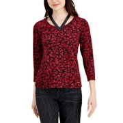 Nine West FIRE RED PRINT Women's Faux-Leather Trim Top, US Small