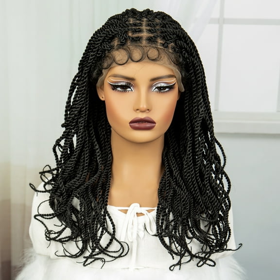 Twist Braided Wigs 20 Inches Lace Frontal Lightweight Synthetic Square Knotless Box Braids Wigs Curly Ends with Baby Hair for Women (1B Color)