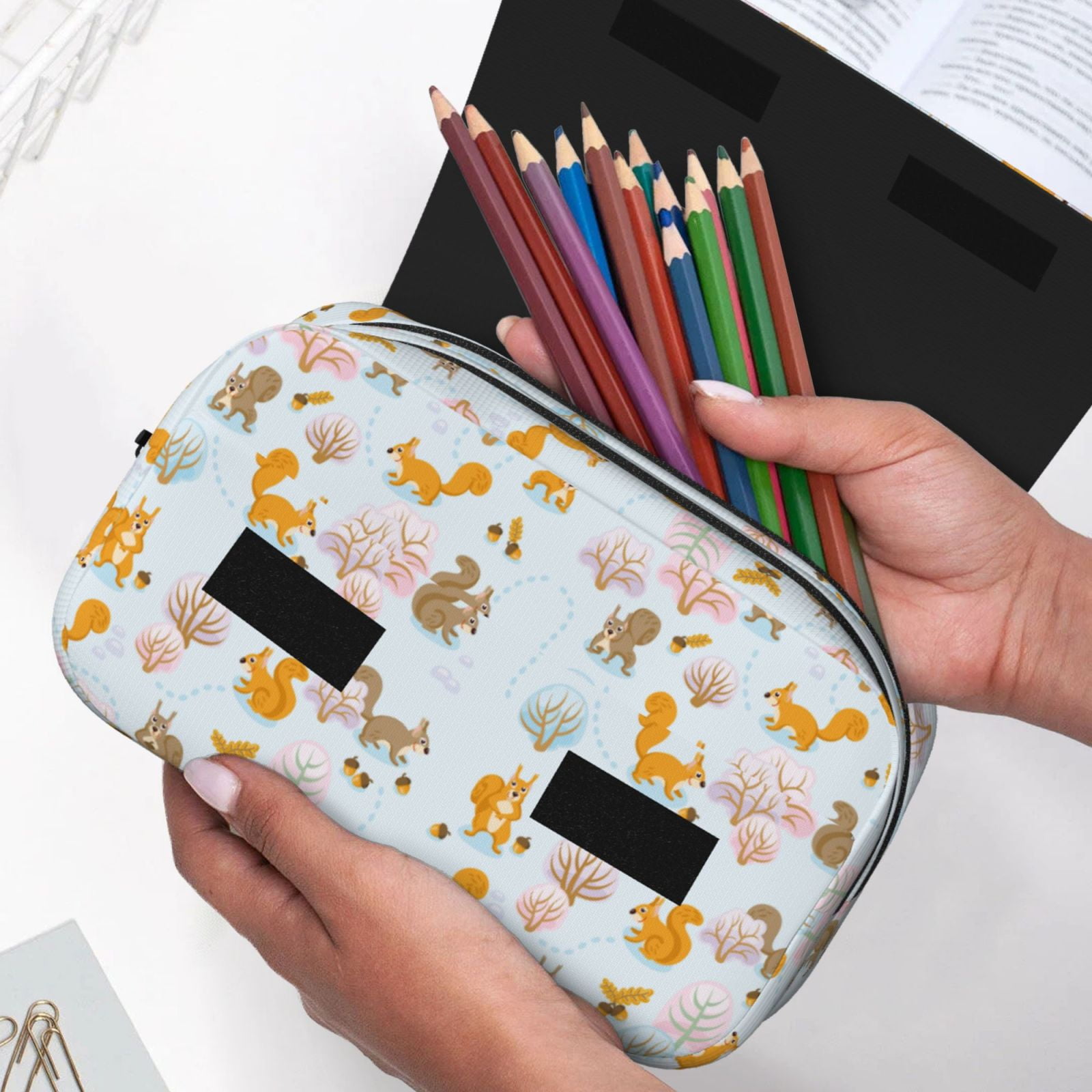 Rateoe Squirrel In The Forest Pattern Double Clamshell Pen Case, Storage Organizer with Two Zipper Compartments– Holds Up to 50 Pencils & Pens