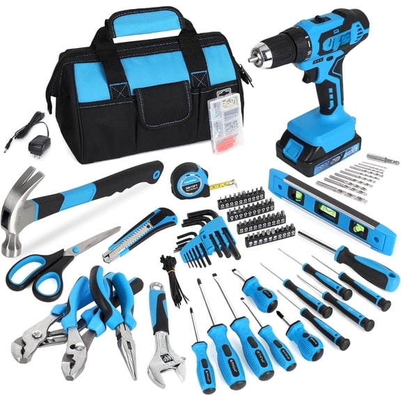 232- 20V Cordless Drill Driver &  Tool Set,  Repairing Tools Kit with Drill, 12-Inch Wide Mouth Open Storage Bag, Blue