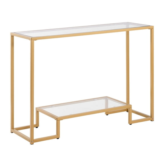 KFFKFF 2-Tier Glass Console Table, Modern Rectangular Side Table with Tempered Glass Surface and Iron Frame, Gold Console Desk with Anti-Tip Design for Living Room, Hallway, Entryway, or Foyer