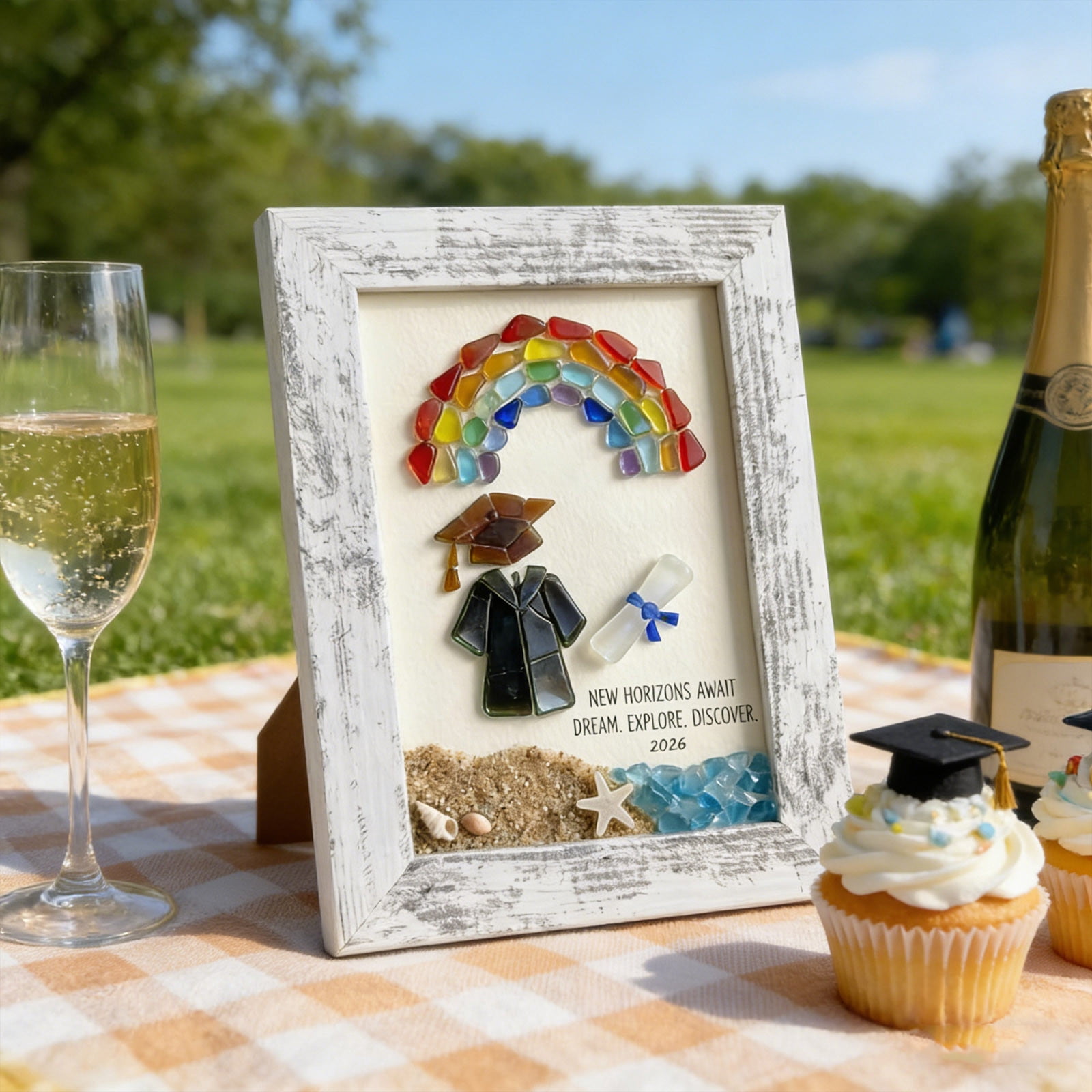 Tusihei 2Pcs Sea Glass Graduation Art, Graduation Keepsake Gift, Graduation Keepsakes Frame with Rainbow Turtle Cap Coastal Decor for Women Men Graduates