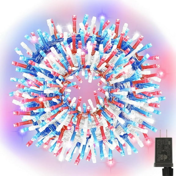 33ft Patriotic String Lights - Red White Blue Mini Lights, 100 LED Transparent Wire Fairy Starry String Lights Plug in, 8 Lighting Modes for Outdoor Tree Party Decoration (Red White Blue)