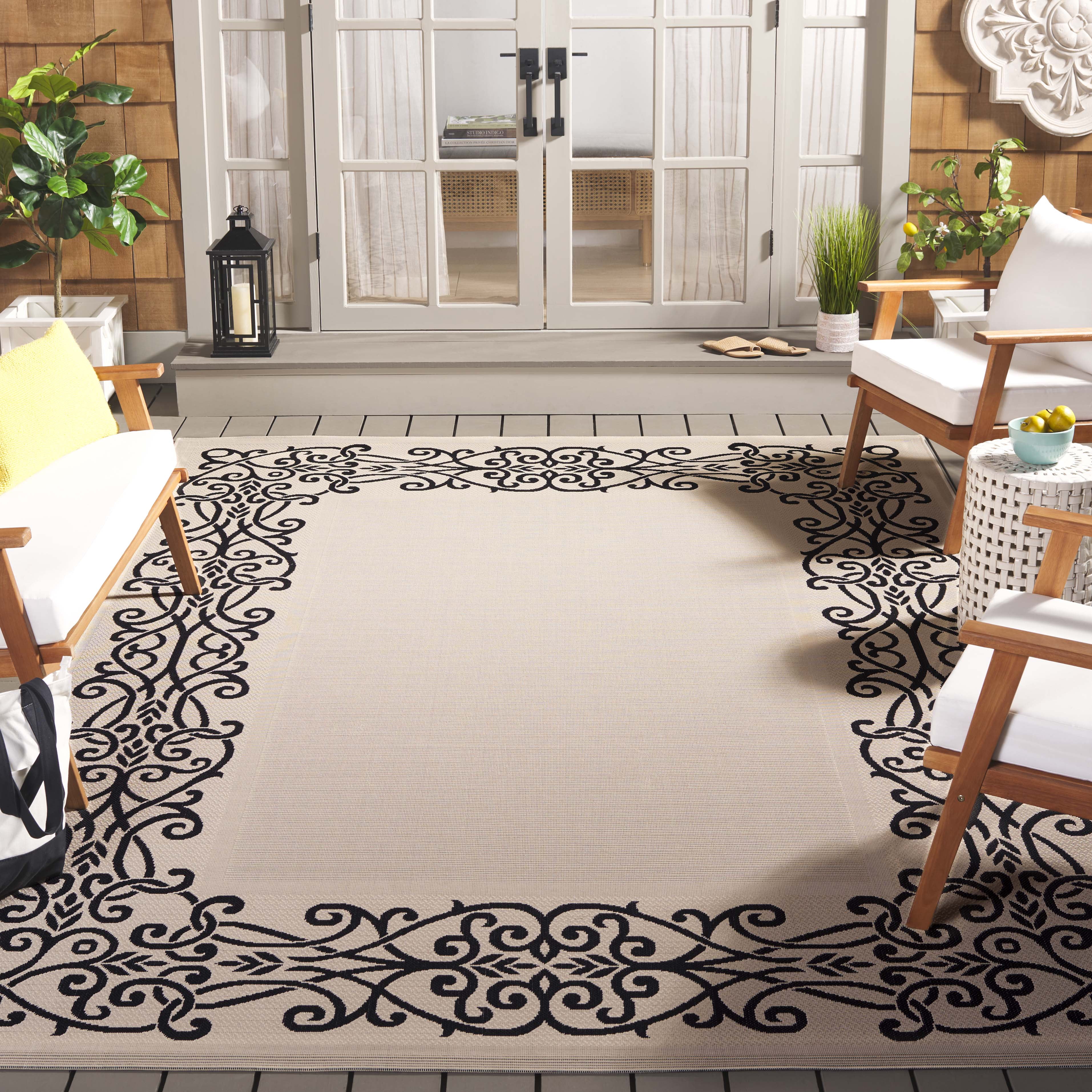 Safavieh Courtyard Ellie Oriental Indoor/Outdoor Area Rug, Sand/Black, 9' x 12'