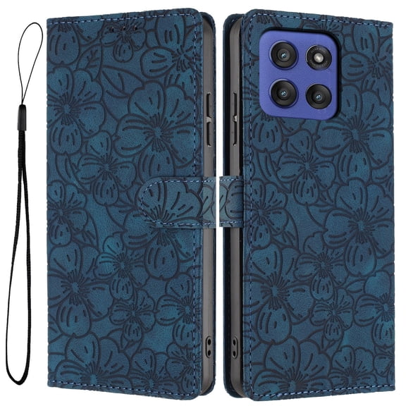Allytechgroup for Moto G Stylus 5G 2024 Wallet Case with Lanyard, Premium PU Leather Flower Embossed Cards Slots Stand Flip Cover Magnetic Closure Phone Case for Moto G Stylus 5G 2024, Blue