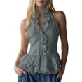 thumbnail image 2 of Uootdi Women's Tops Halter Neck Sleeveless Ruffle Trim Tops Party Occasion Lightweight Flowy Cut Comfortable Silhouette Tops Gift, 2 of 6