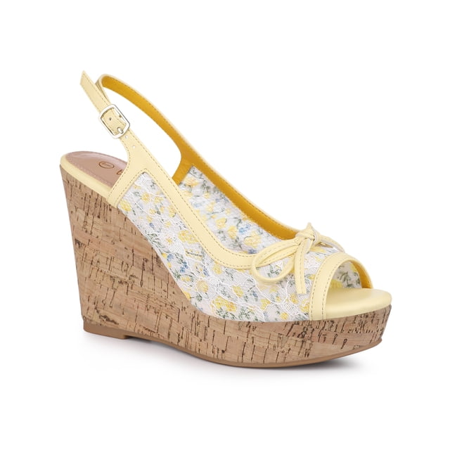 BLISSFUL STEP Women's Shoes Floral Lace Platform Peep Toe Wedge Heel Sandals Light Yellow 6