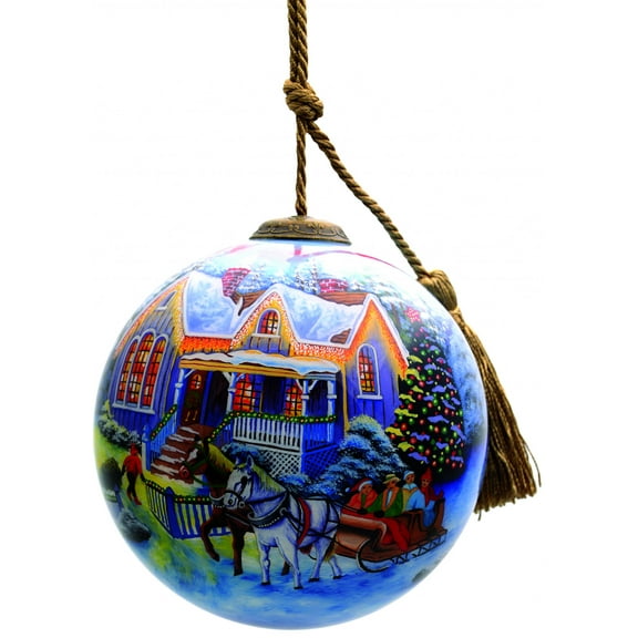 Christmas Home and Horse Carriage Hand Painted Mouth Blown Glass Ornament