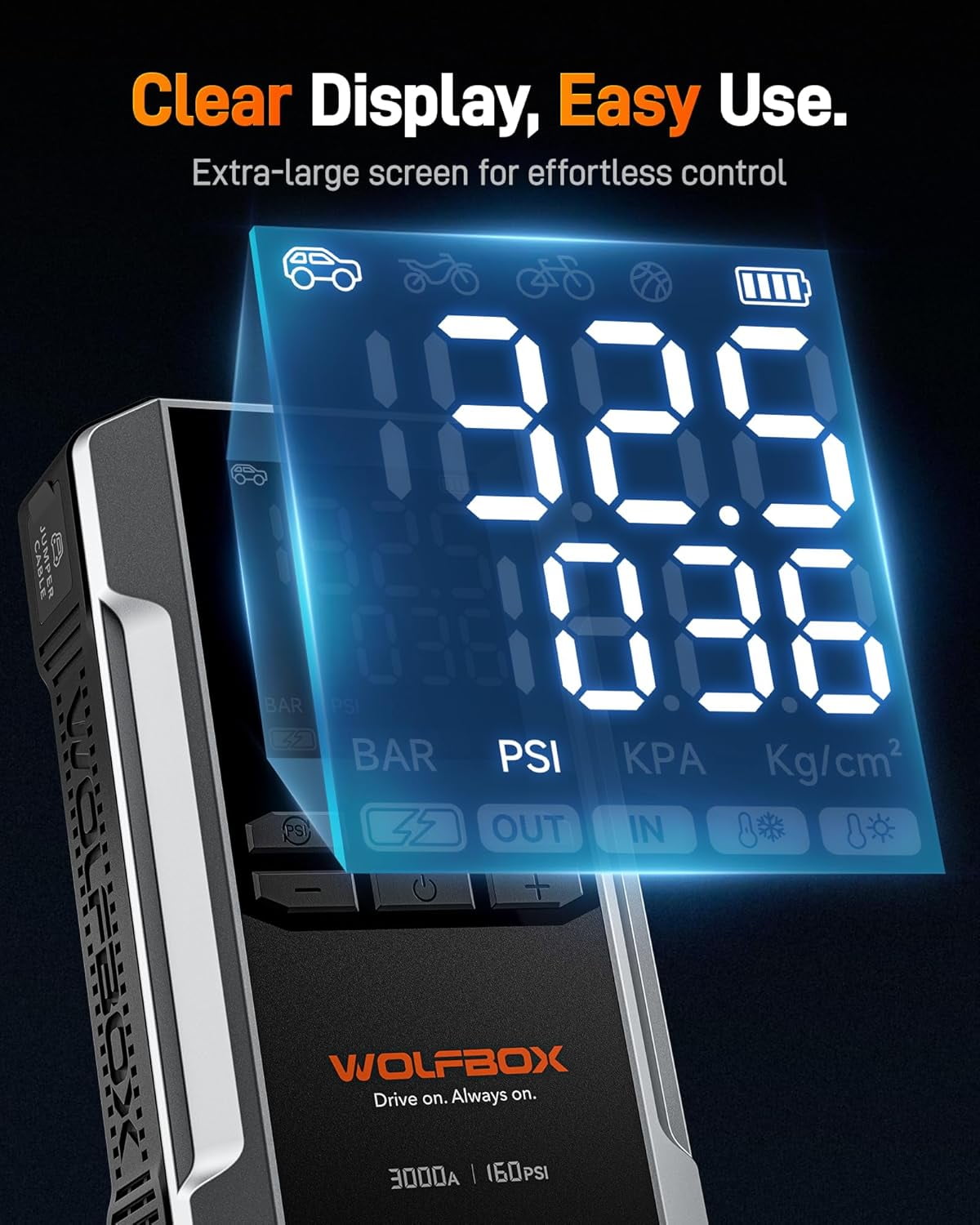 WolfBox 3000A Jump Starter with Air Compressor, 160PSI Digital Tire Inflator, 12V Battery Pack with Flashlight