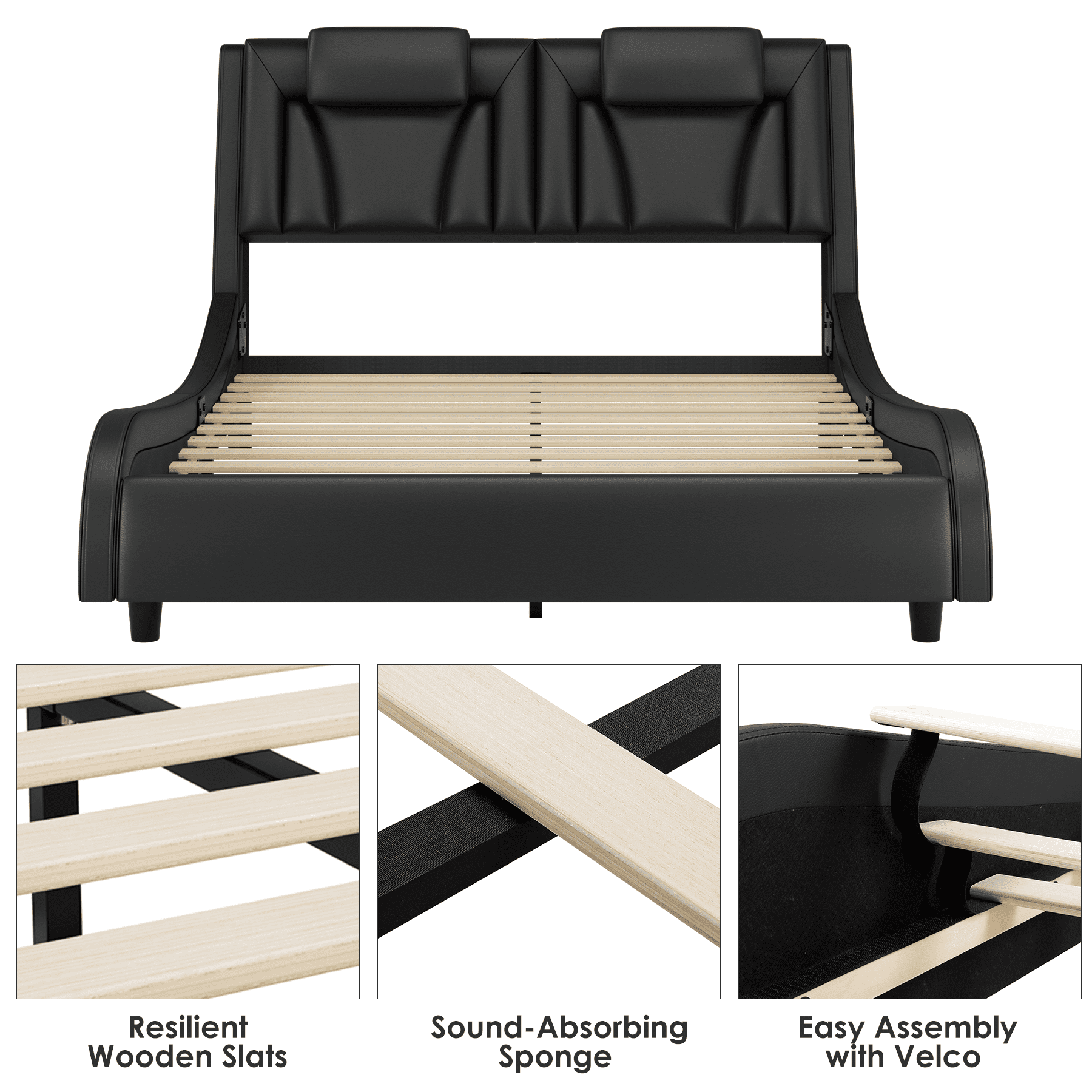 Homfa Queen Size LED Bed Frame, PU Leather Curved Upholstered Platform Bed Frame with Adjustable Headboard and Pillow, Black