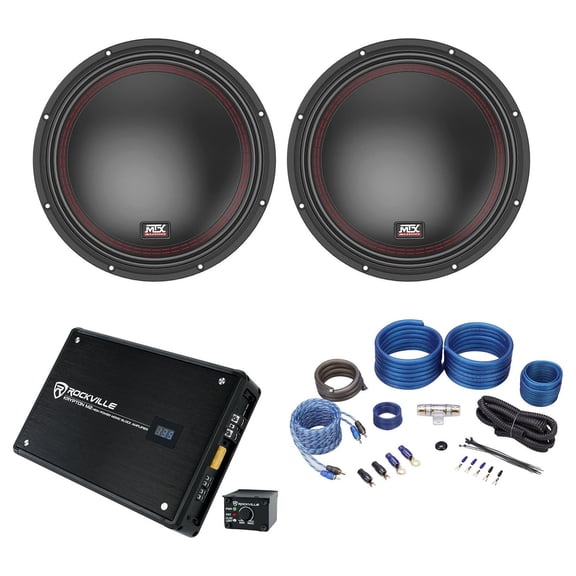MTX 5510-44 Bundle: (2) 10 in DVC 4-Ohm Subwoofers, Rockville KRYPTON-M2 Mono Amplifier, RWK41 4-Gauge Kit, 4-items