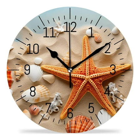 erolrail Rustic Wall Clock,Silent Non Ticking Wall Clocks for Living Room,Bedroom,Kitchen 12IN Starfish Seashell Sand Beach Image