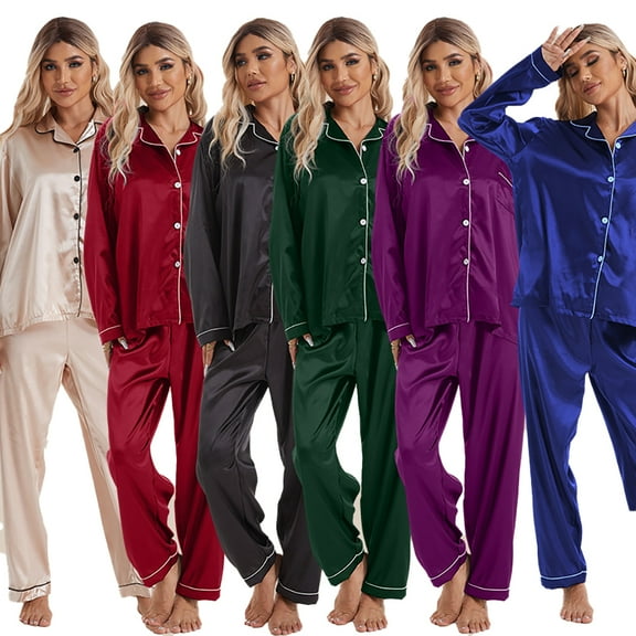 Fjuchai Womens Silk Satin Pajamas Pj Sets Long Sleeve Button Down Sleepwear Set Two Piece Sleep Set with Pockets S-XL