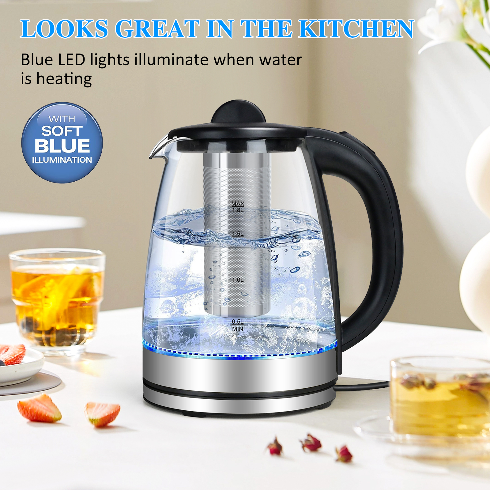 TINANA Electric Glass Tea Kettle with Infuser, 2L, 1500W photo 5